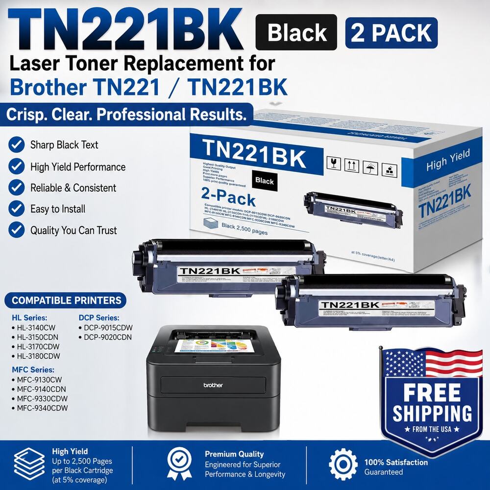Laser Toner Replacement for Brother TN221/TN221BK, High Yield (Black,2 Pack)